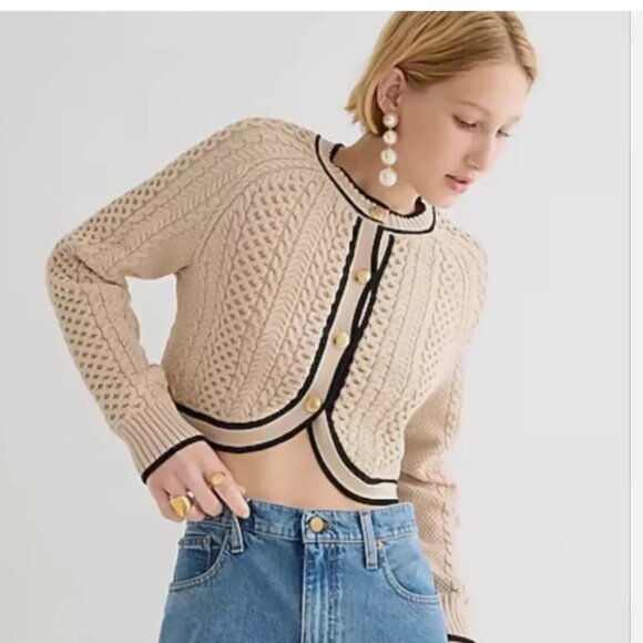 J Crew Cropped Cable-Knit Sweater Lady Jacket Women’s Size Medium Black Trim EUC - Picture 9 of 10